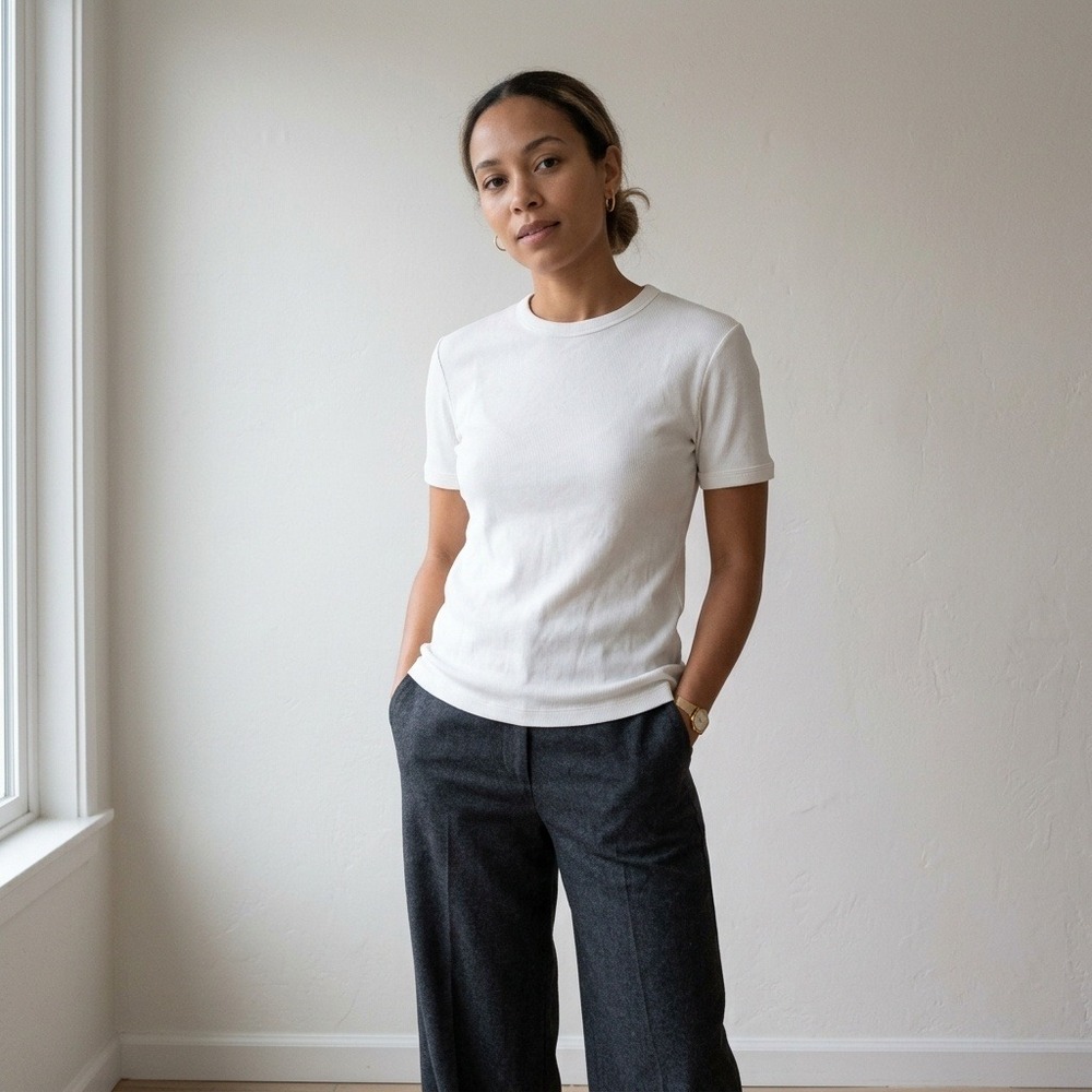 COS Womens Top Medium White Ribbed Short Sleeve Crew Neck Minimalist Basic